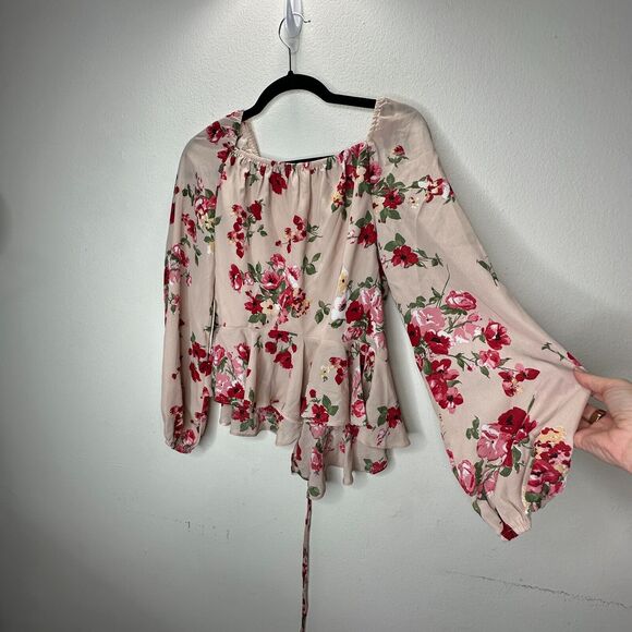 NWT Leith Pink Adobe Taupe Pink Red Floral Print Bell Sleeve Ruffle Wrap Top S - Picture 6 of 14